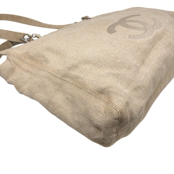 CHANEL Vintage CC Big Logo Shoulder Tote Large Bag Beige Canvas Linen [106206] - Picture 7 of 15